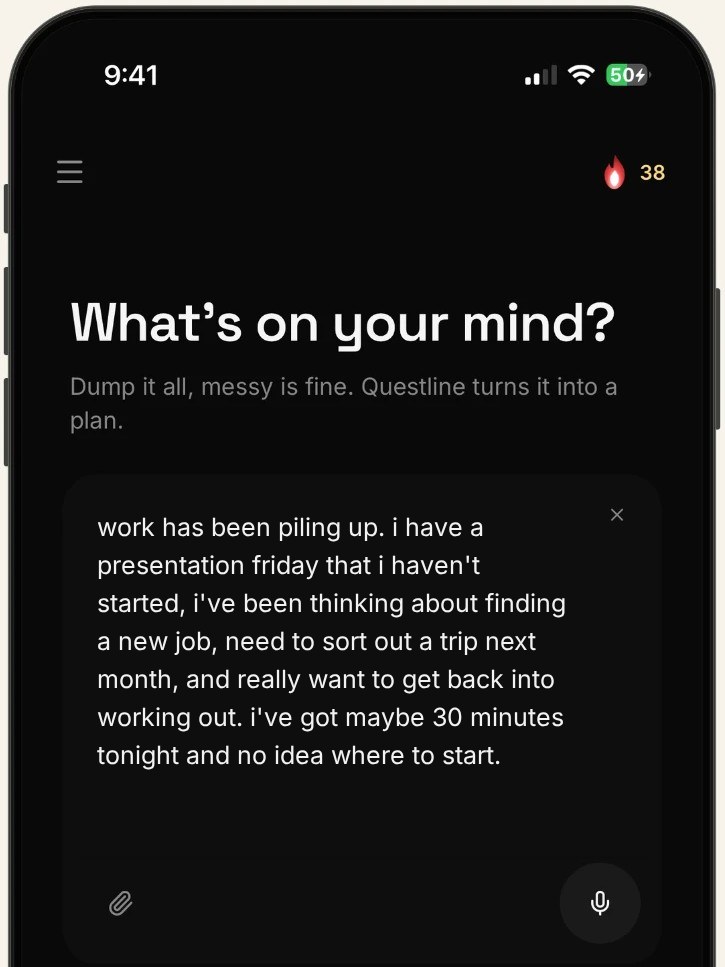 Questline Capture screen on iPhone: What's on your mind? with a busy-week brain dump typed in