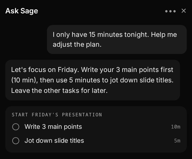Ask Sage: I only have 15 minutes tonight. Sage trims Friday's presentation to a 10 and a 5 minute step